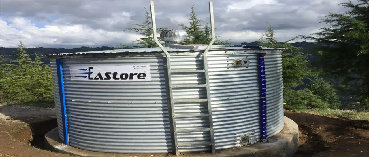 Zincalume Coated Steel Pre-Fabricated Ground Water Storage Bolted Tanks for Drinking Water, online chlorination of water and one day storage tank with taps and allied work through rain water in water stressed village in Maharashtra.